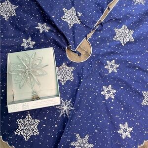 Blue Snowflake Tree Skirt and Silver Tree Topper Set